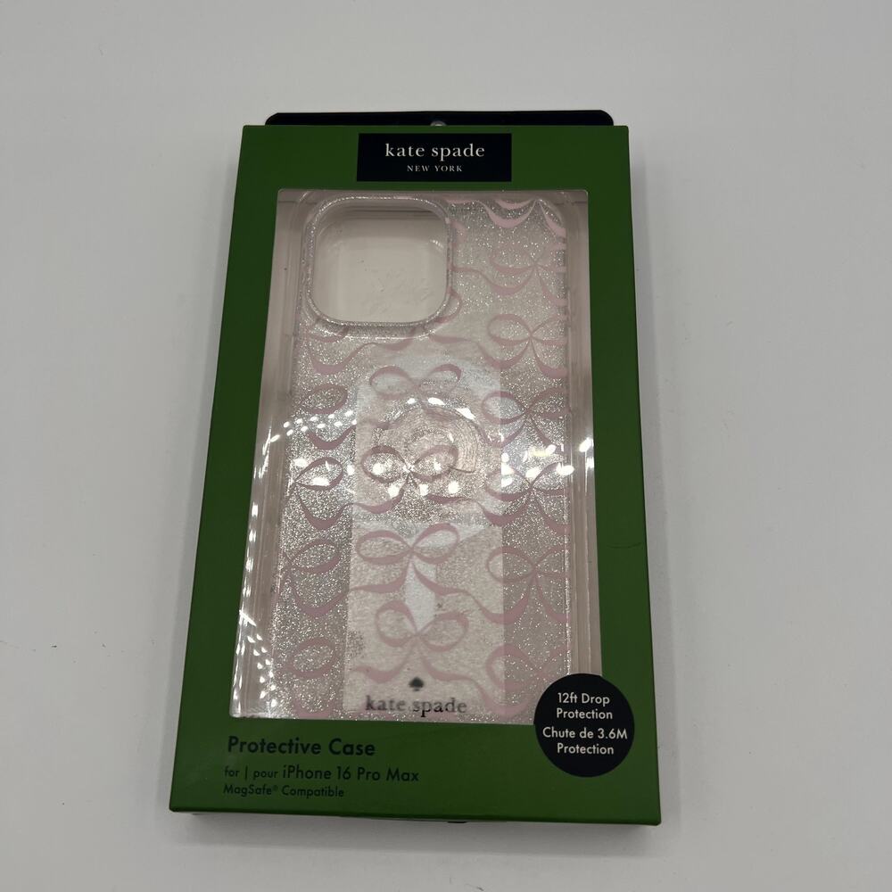 KATE SPADE Clear Glitter Soft Pink Bow iPhone 16 Pro Max Case- MagSafe